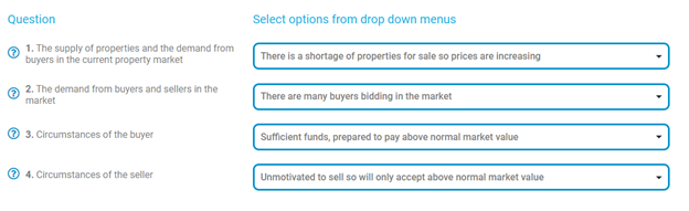 The propertyPricer tool showing the questions that rank the market conditions and emotions of the buyer and seller